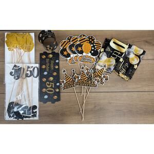 50th Birthday Party Decor Bundle - Black, Gold & Diamonds Theme